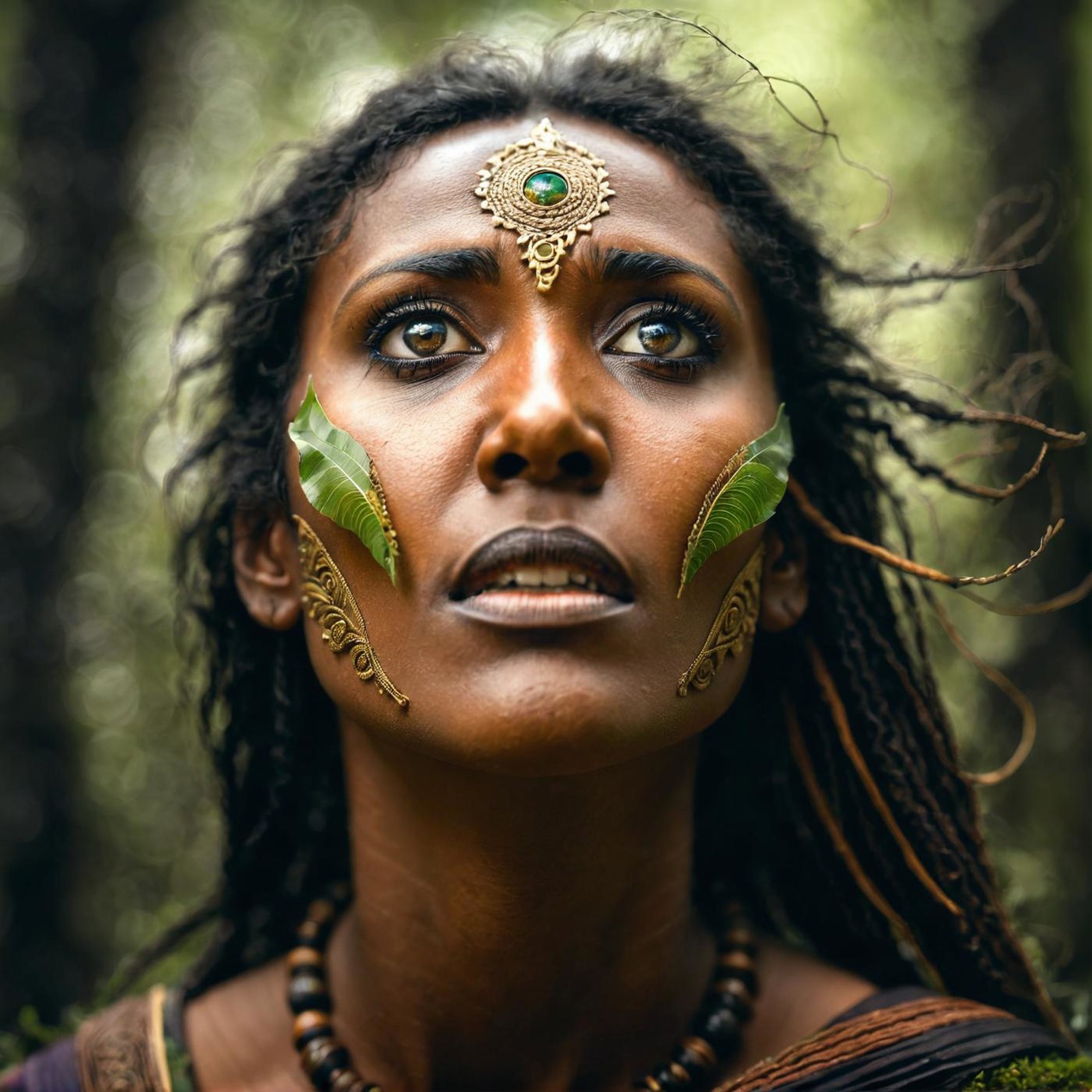 Long exposure photo of awardwinning photography, a vae_druid is looking into the sky, detailed face . Blurred motion, stre...